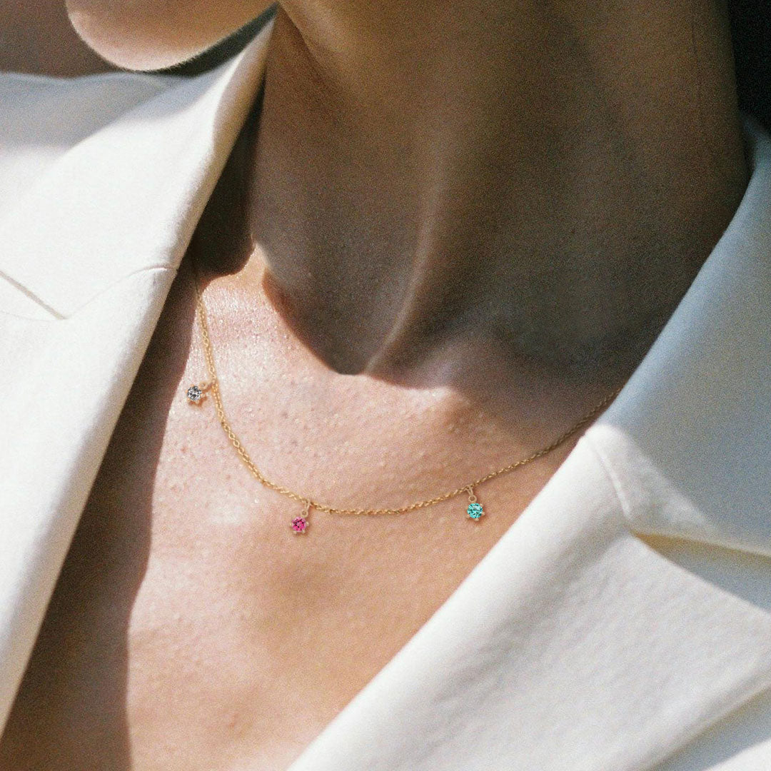 Libra Zodiac Gold Fringe Necklace with Grey Diamond and Pink and Teal Tourmaline 16" Chain By Valley Rose Ethical Jewelry