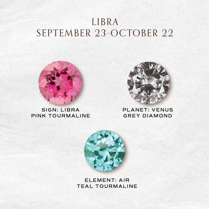 Libra Zodiac Gold Fringe Necklace with Grey Diamond and Pink and Teal Tourmaline 16" Chain By Valley Rose Ethical Jewelry
