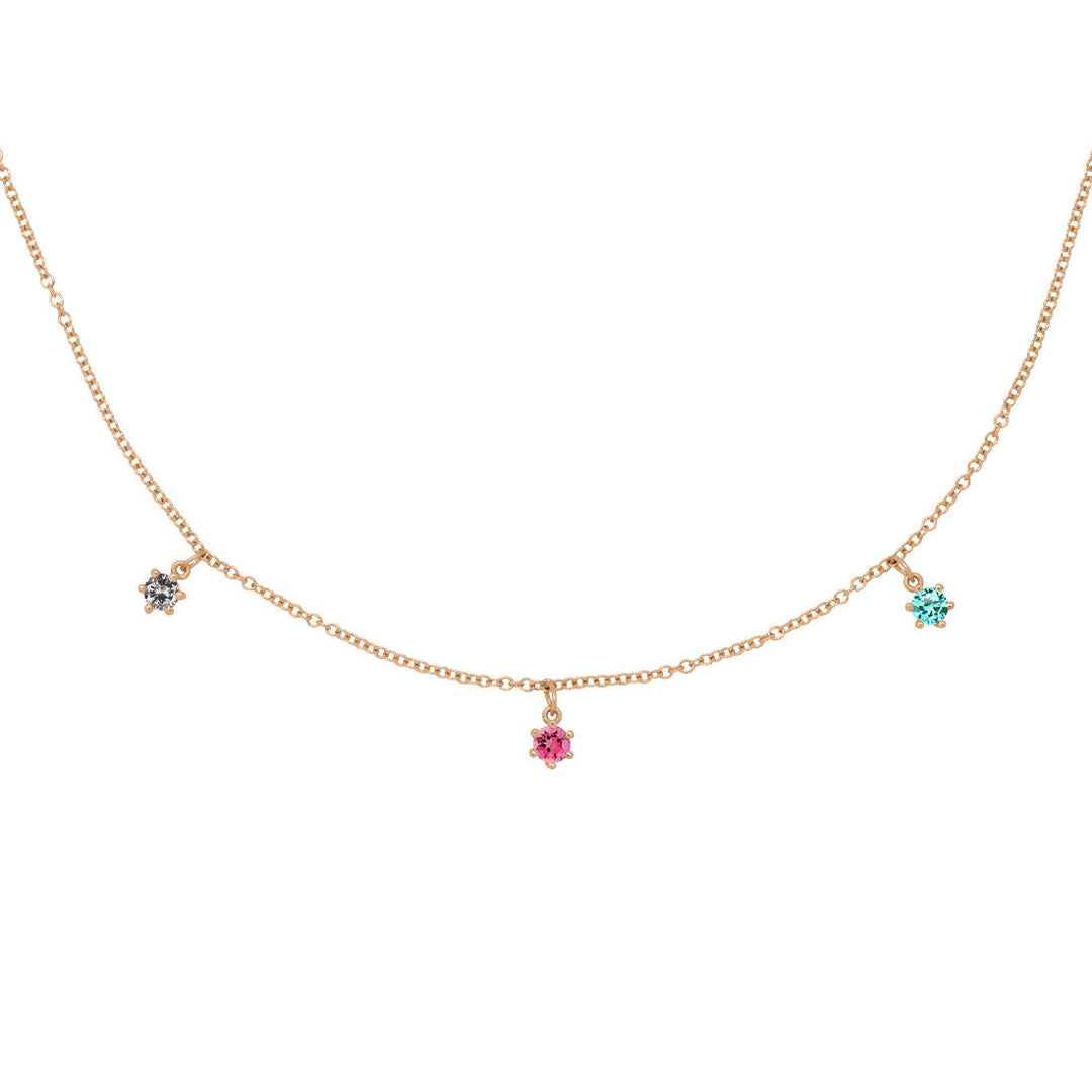 Libra Zodiac Gold Fringe Necklace with Grey Diamond and Pink and Teal Tourmaline 16" Chain By Valley Rose Ethical Jewelry