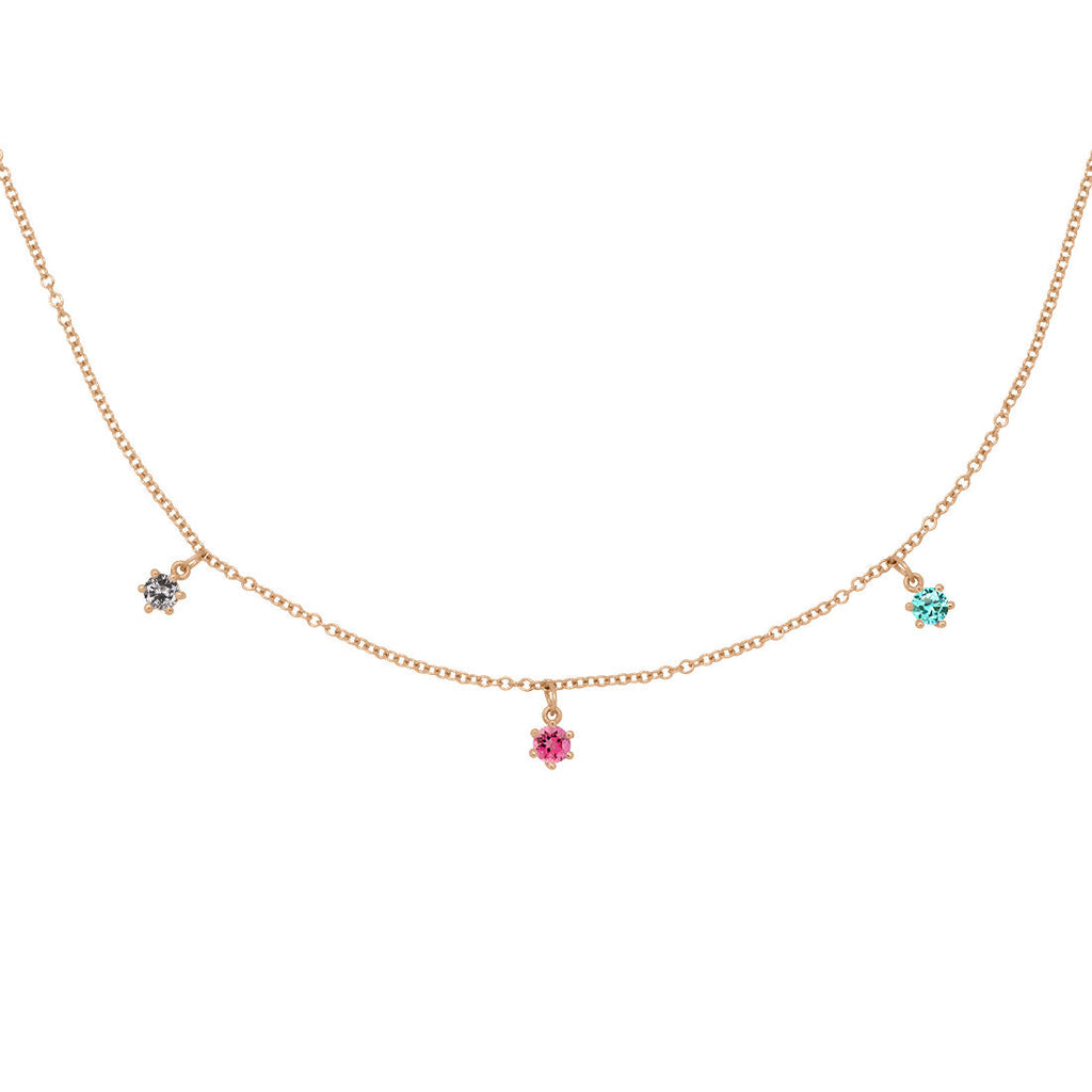 Libra Zodiac Gold Fringe Necklace with Grey Diamond and Pink and Teal Tourmaline 16