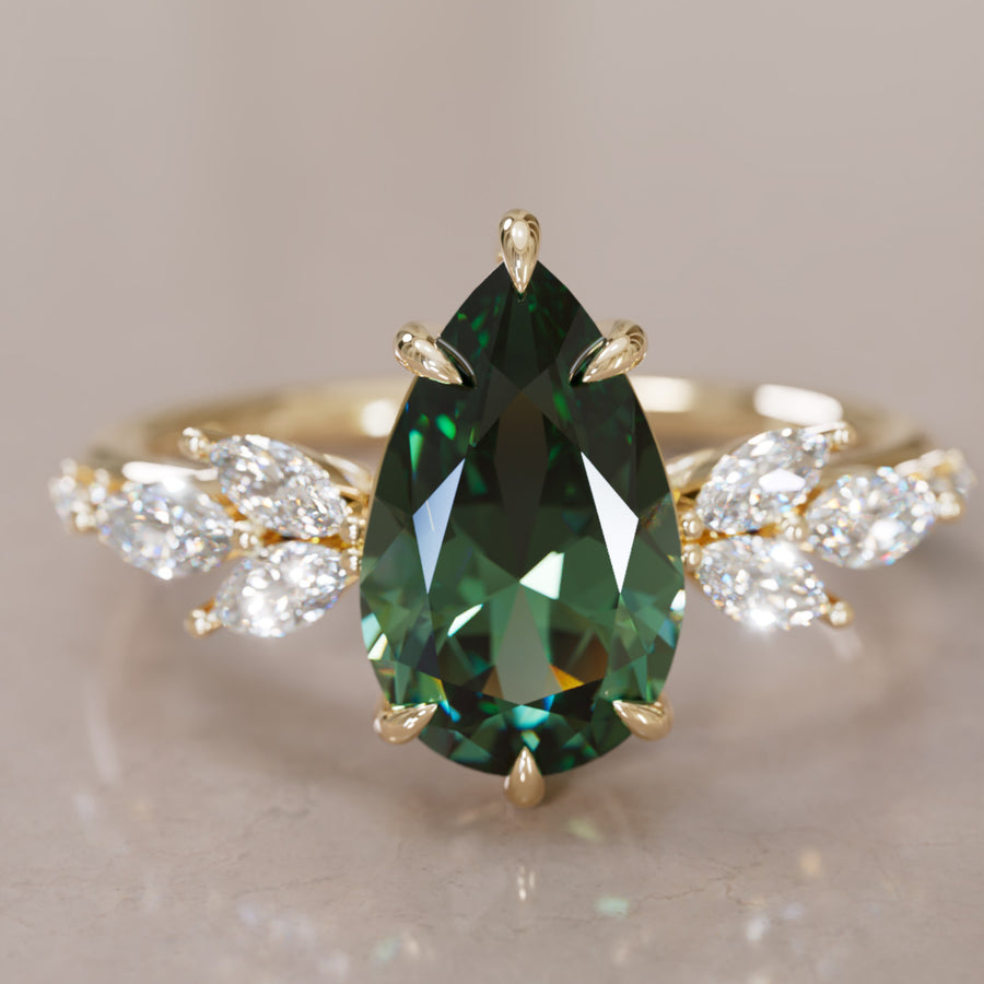 Flower Engagement Ring Nature Inspired with Pear Green Sapphire By Valley Rose