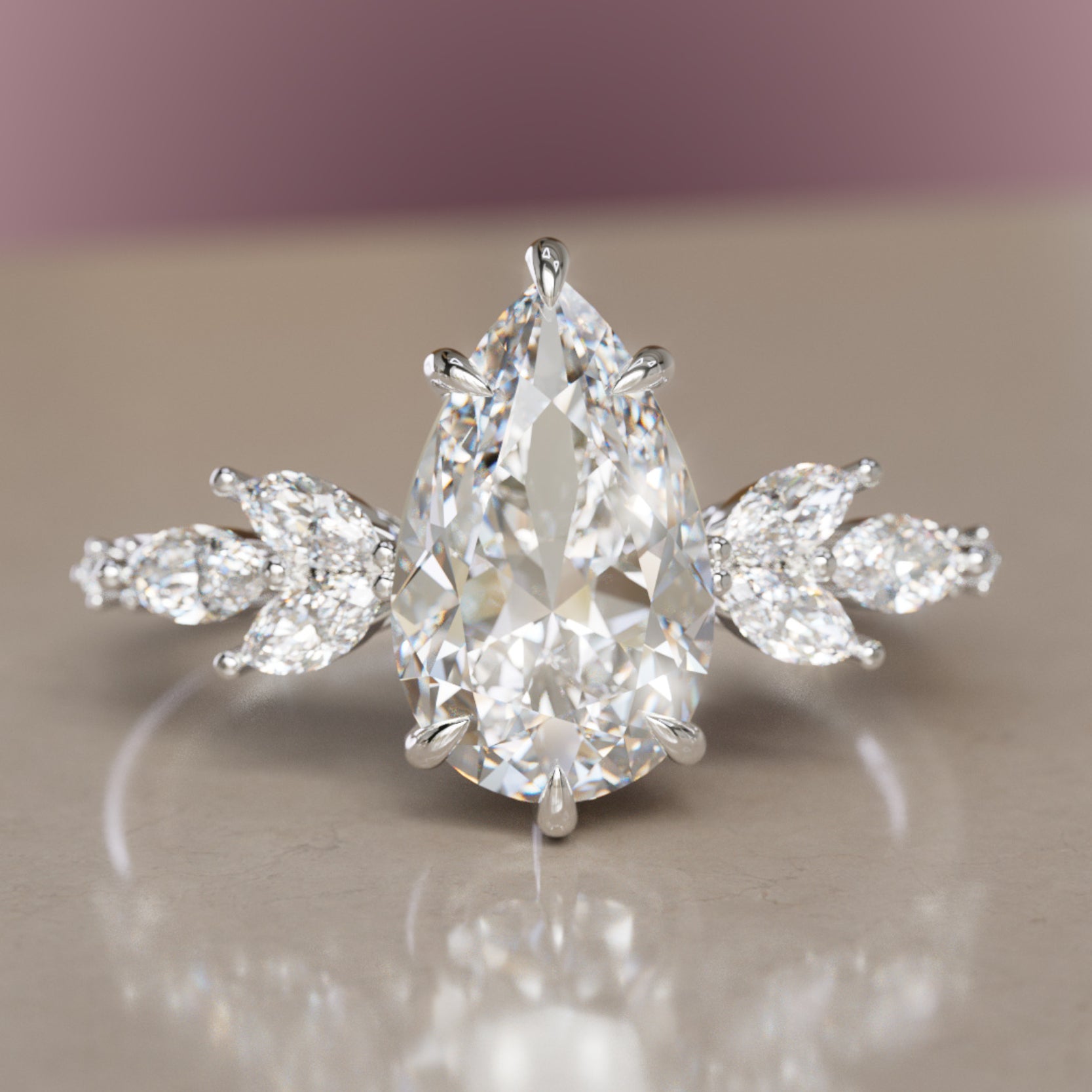Flower Engagement Ring Nature Inspired with Pear Cut Diamond