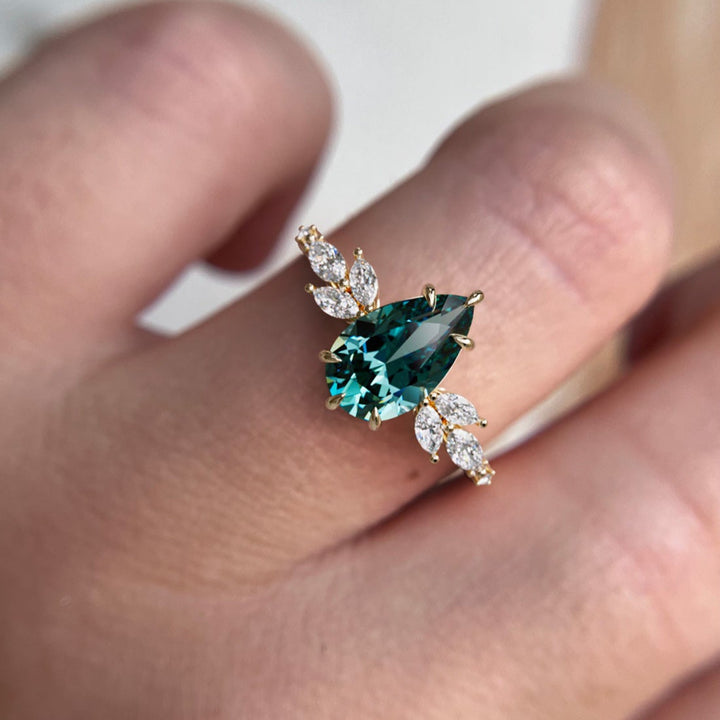 Lily Pear Teal Sapphire Engagement Flower Ring Nature Inspired By Valley Rose