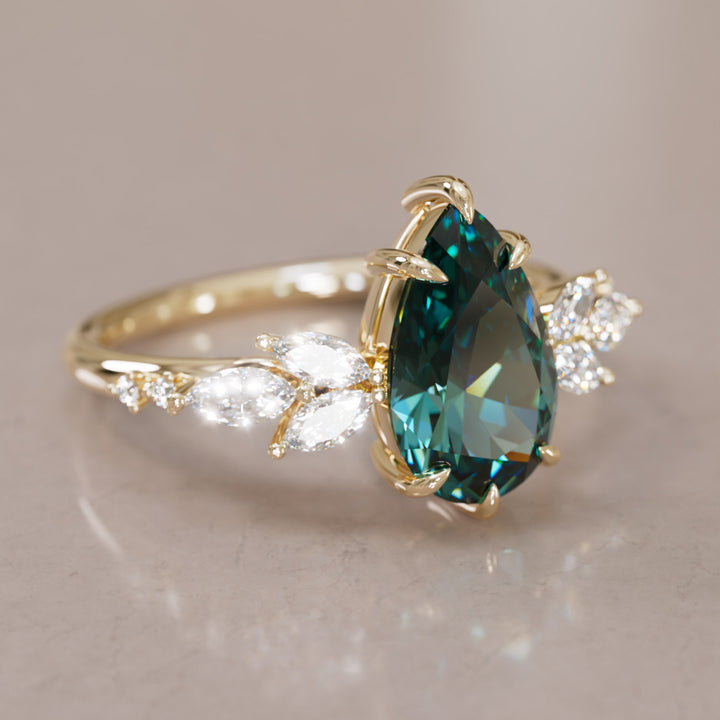 Flower Engagement Ring Nature Inspired with Pear Teal Sapphire By Valley Rose