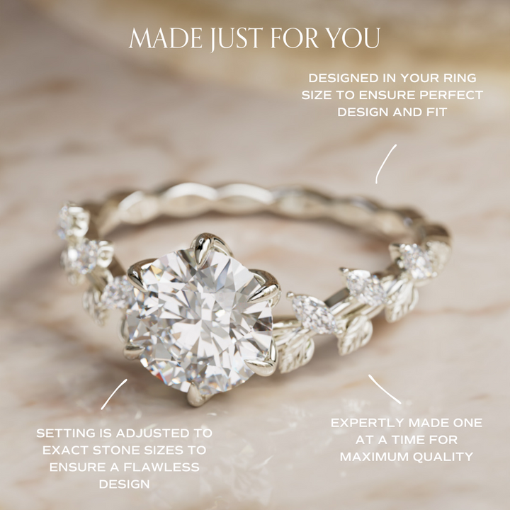Liora Nature Inspired Vine and Petal Prong Round Lab Diamond Engagement Ring with Leaves By Valley Rose