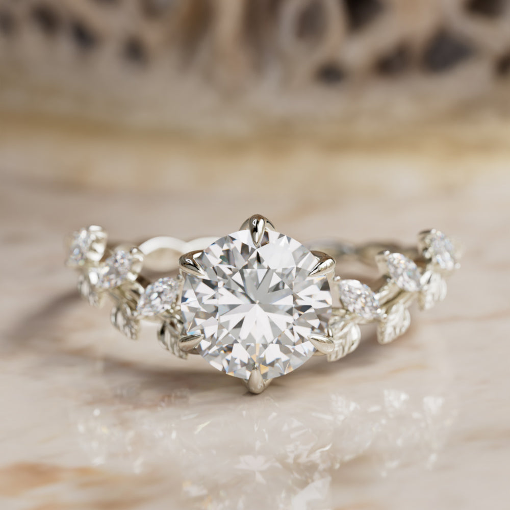 Liora Nature Inspired Vine and Petal Prong Round Lab Diamond Engagement Ring with Leaves By Valley Rose