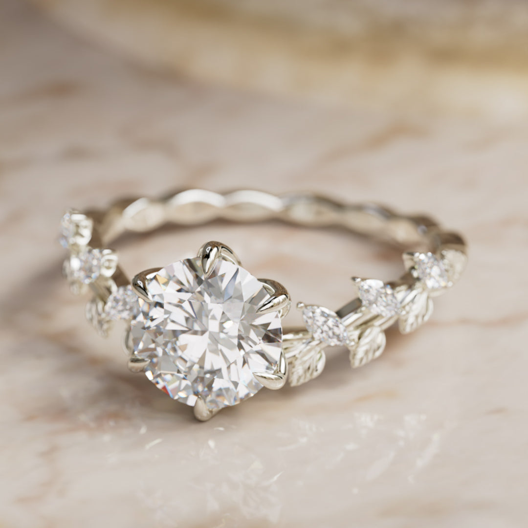 Liora Nature Inspired Vine and Petal Prong Round Lab Diamond Engagement Ring with Leaves By Valley Rose