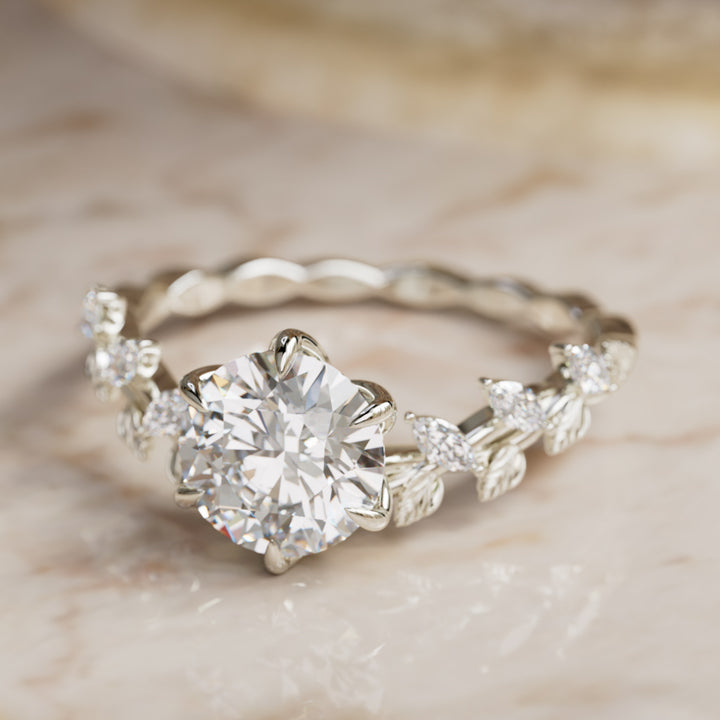 Liora Nature Inspired Vine and Petal Prong Round Lab Diamond Engagement Ring with Leaves By Valley Rose