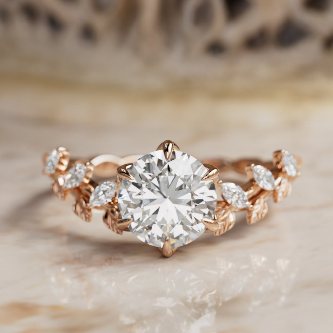 Liora Nature Inspired Vine and Petal Prong Round Lab Diamond Engagement Ring with Leaves By Valley Rose