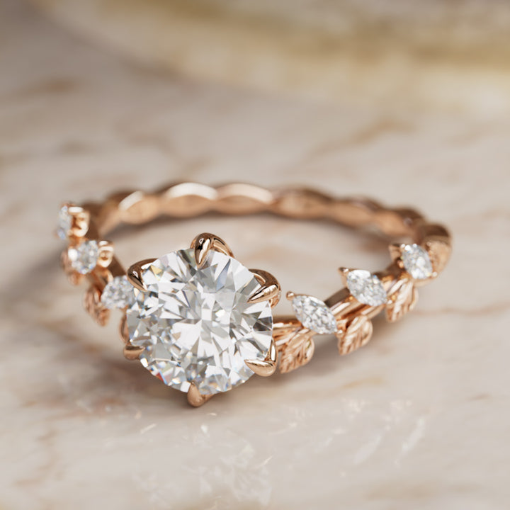 Liora Nature Inspired Vine and Petal Prong Round Lab Diamond Engagement Ring with Leaves By Valley Rose