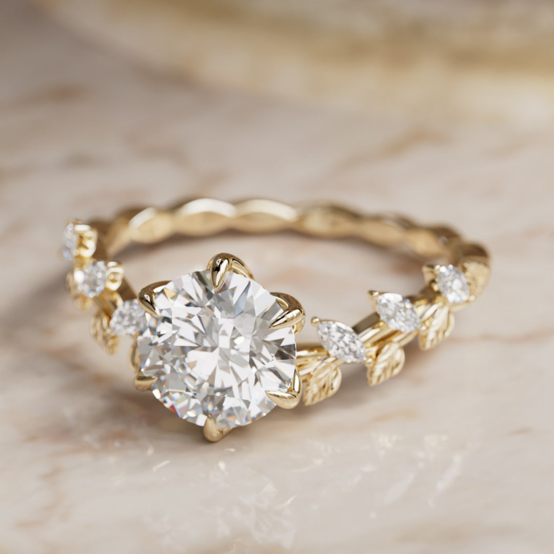 Liora Nature Inspired Vine and Petal Prong Round Lab Diamond Engagement Ring with Leaves By Valley Rose