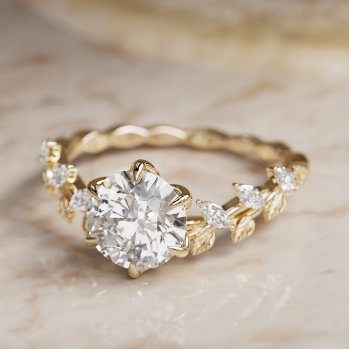 Liora Nature Inspired Vine and Petal Prong Round Lab Diamond Engagement Ring with Leaves By Valley Rose