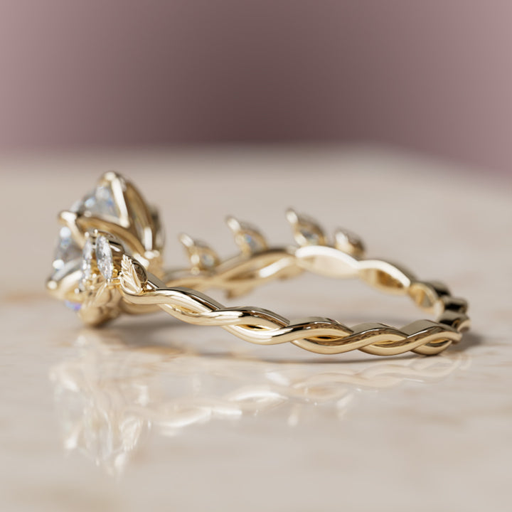Liora Nature Inspired Vine and Petal Prong Round Lab Diamond Engagement Ring with Leaves By Valley Rose