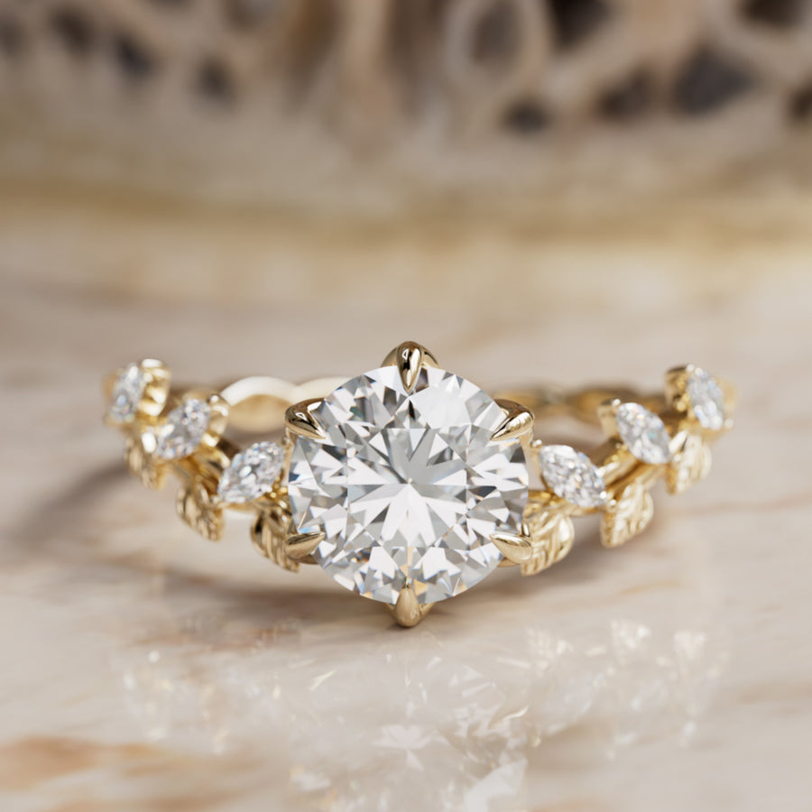 Liora Nature Inspired Vine and Petal Prong Round Lab Diamond Engagement Ring with Leaves By Valley Rose