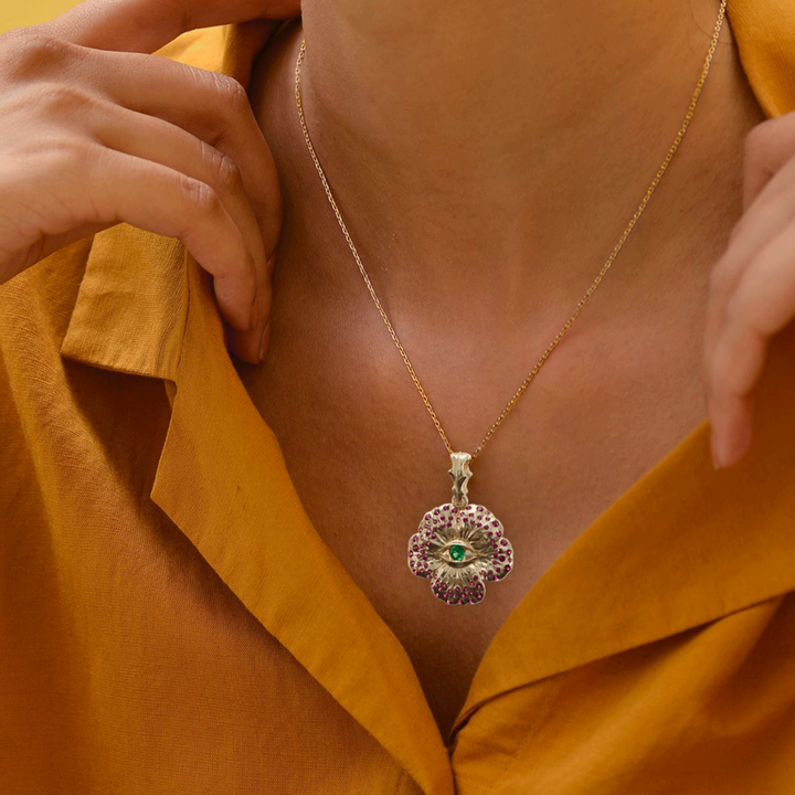 Looking Glass Flower Pendant Unique Nature Necklace with Pink Sapphires and Emeralds By Valley Rose