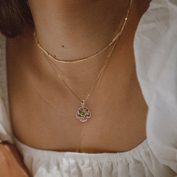 Mini Looking Glass Flower Pendant Unique Nature Necklace with Pink Sapphires and Emeralds By Valley Rose