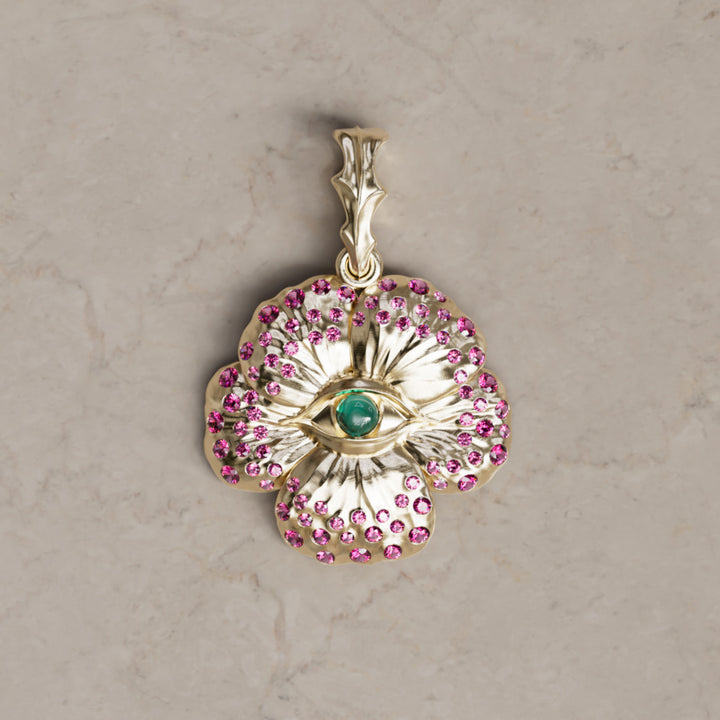 Looking Glass Flower Pendant Unique Nature Necklace with Pink Sapphires and Emeralds By Valley Rose
