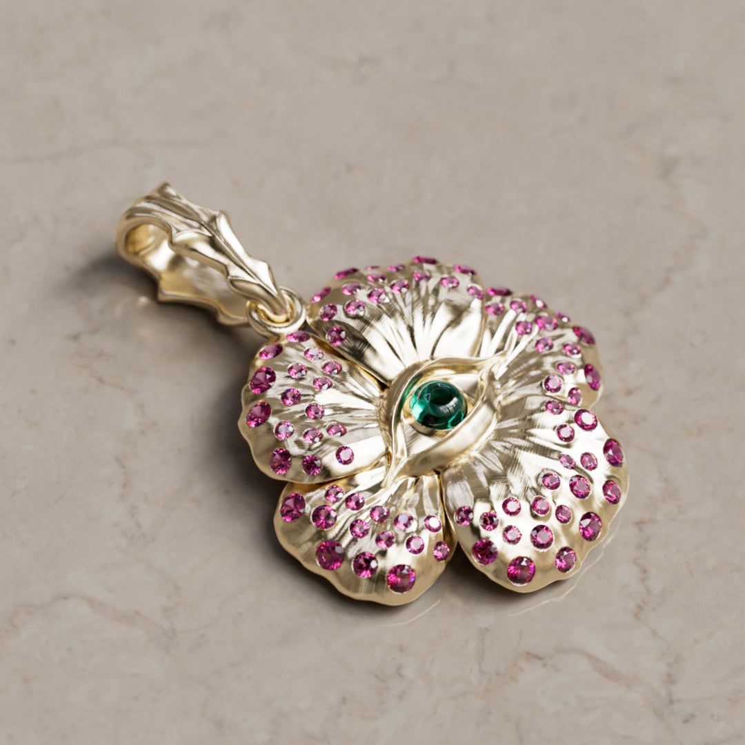 Looking Glass Flower Pendant Unique Nature Necklace with Pink Sapphires and Emeralds By Valley Rose
