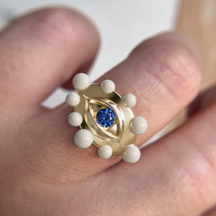 Eye to Eye Ring Unique Surrealist Ring with Blue Sapphire and Pearls