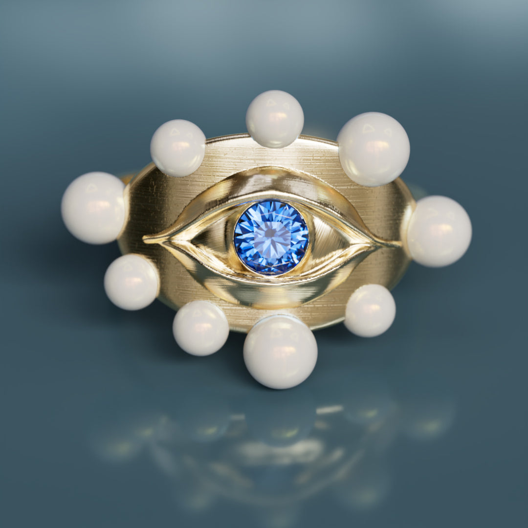 Eye to Eye Ring Unique Surrealist Ring with Blue Sapphire and Pearls