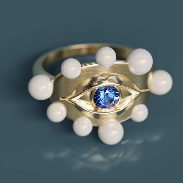 Eye to Eye Ring Unique Surrealist Ring with Blue Sapphire and Pearls