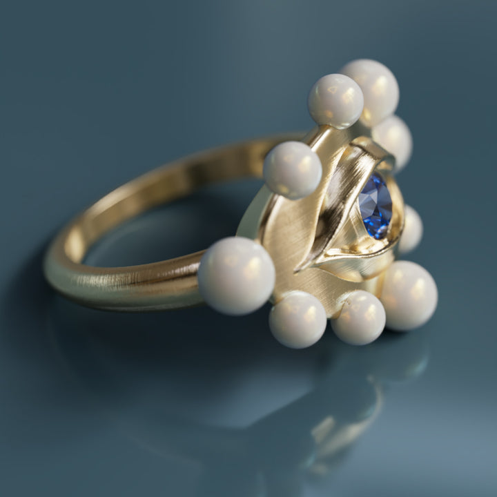 Eye to Eye Ring Unique Surrealist Ring with Blue Sapphire and Pearls