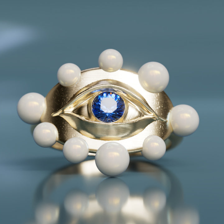 Eye to Eye Ring Unique Surrealist Ring with Blue Sapphire and Pearls