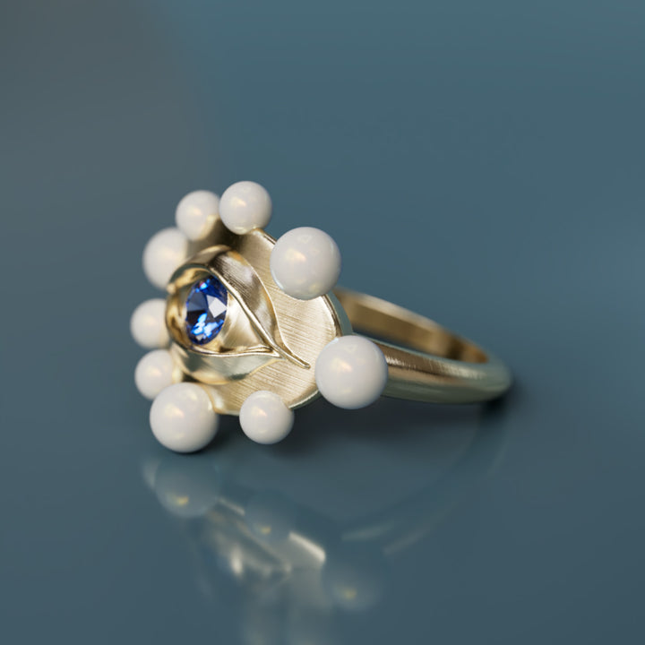 Eye to Eye Ring Unique Surrealist Ring with Blue Sapphire and Pearls