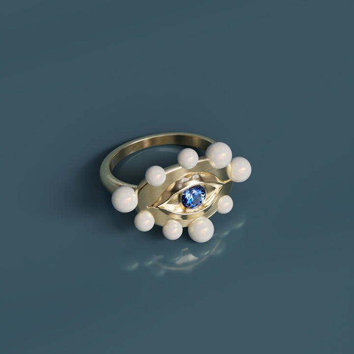 Eye to Eye Ring Unique Surrealist Ring with Blue Sapphire and Pearls