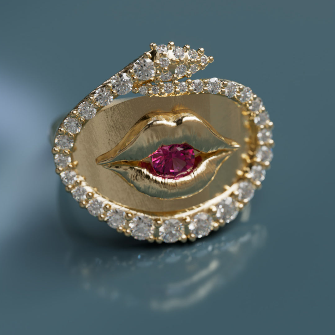 Lover Lips Ring Trompe-l'œil Surrealist Snake with Pink Sapphire and Lab Diamonds