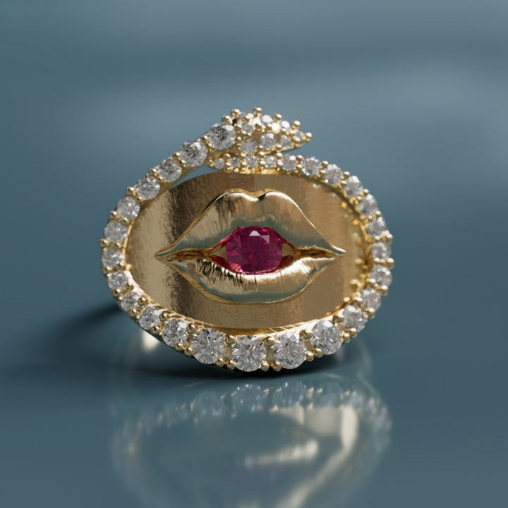 Lover Lips Ring Trompe-l'œil Surrealist Snake with Pink Sapphire and Lab Diamonds