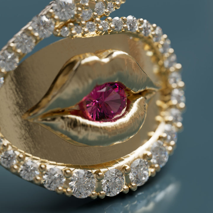 Lover Lips Ring Trompe-l'œil Surrealist Snake with Pink Sapphire and Lab Diamonds