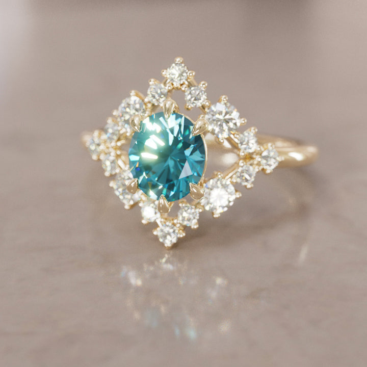 Celestial Engagement Ring Diamond Sapphire with 2ct Oval Blue Sapphire and Halo By Valley Rose