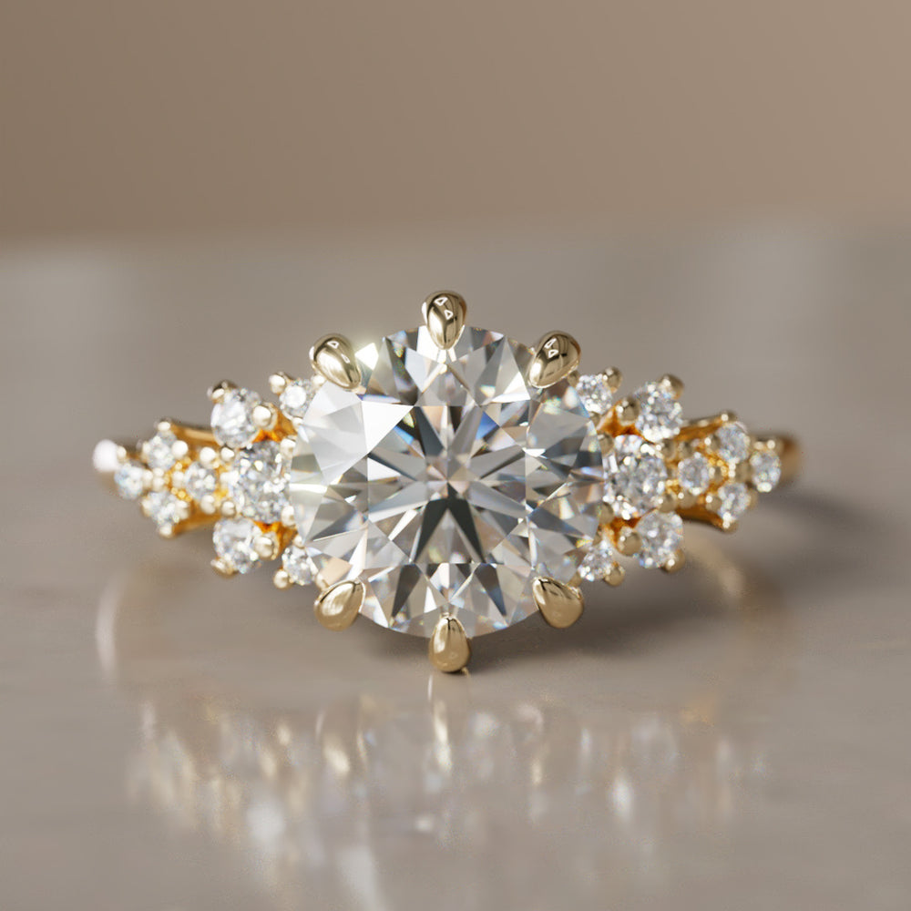 Unique Fantasy Flower Engagement Ring with Round Cut Diamond By Valley Rose