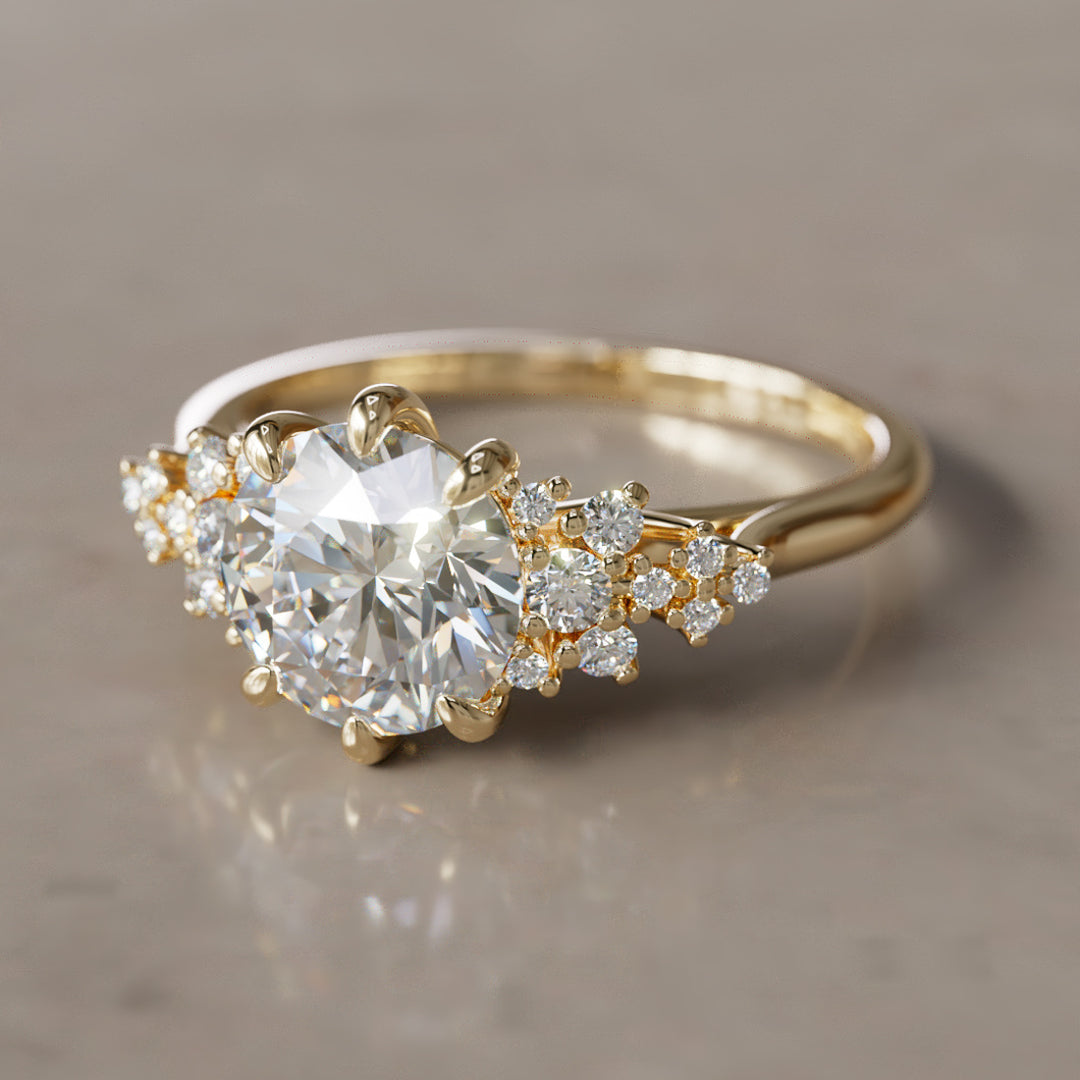 Unique Fantasy Flower Engagement Ring with Round Cut Diamond By Valley Rose