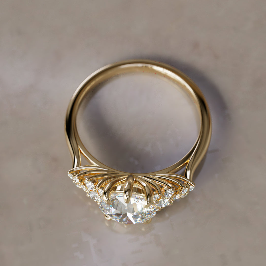 Unique Fantasy Flower Engagement Ring with Round Cut Diamond By Valley Rose