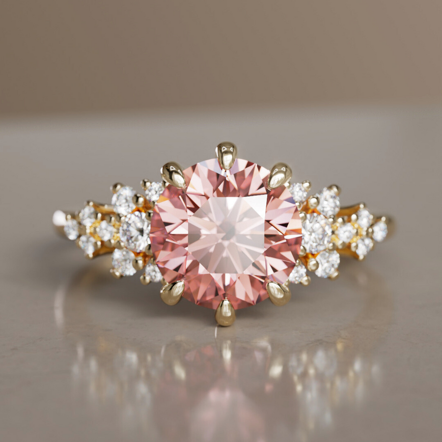 Unique Fantasy Flower Engagement Ring with Round Cut Pink Diamond By Valley Rose