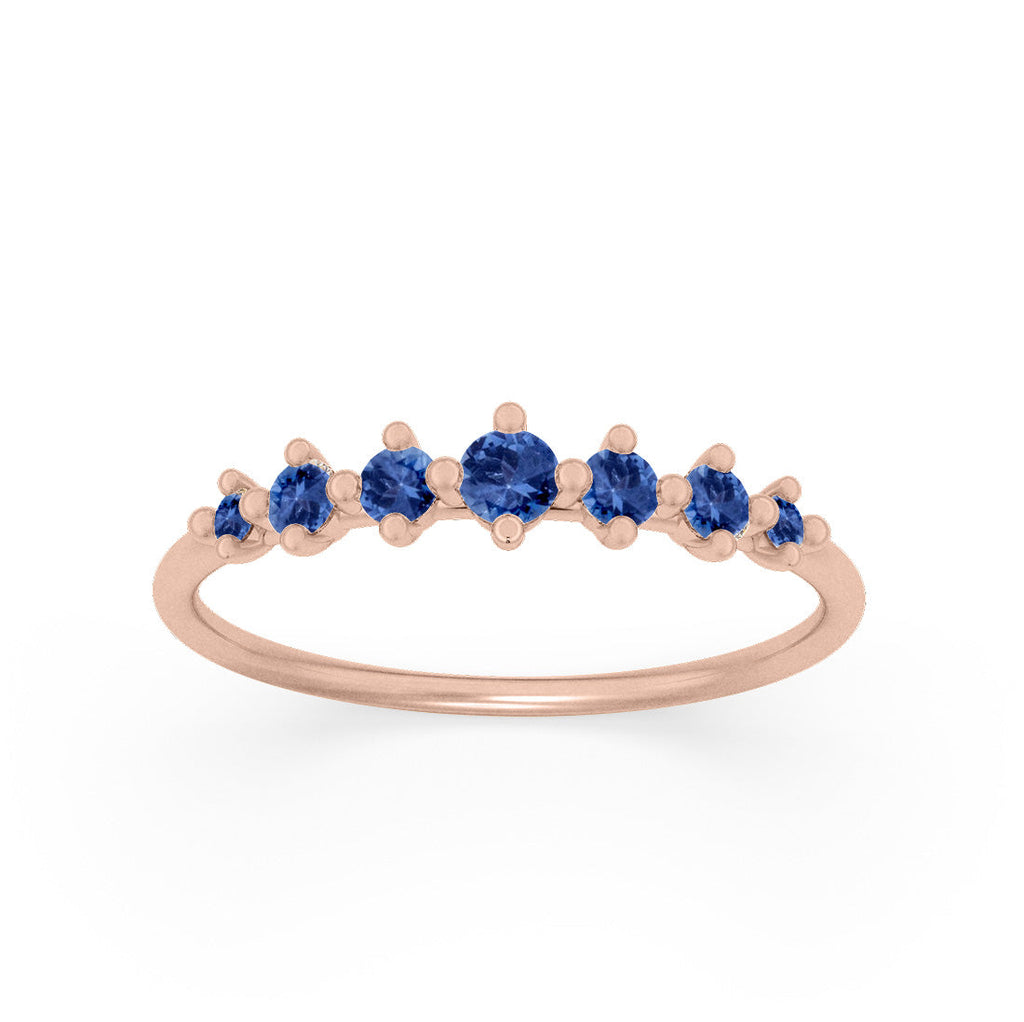 Dainty Tapered Blue Sapphire Wedding Band, Gold Stacking Ring By Valley Rose Ethical Jewelry