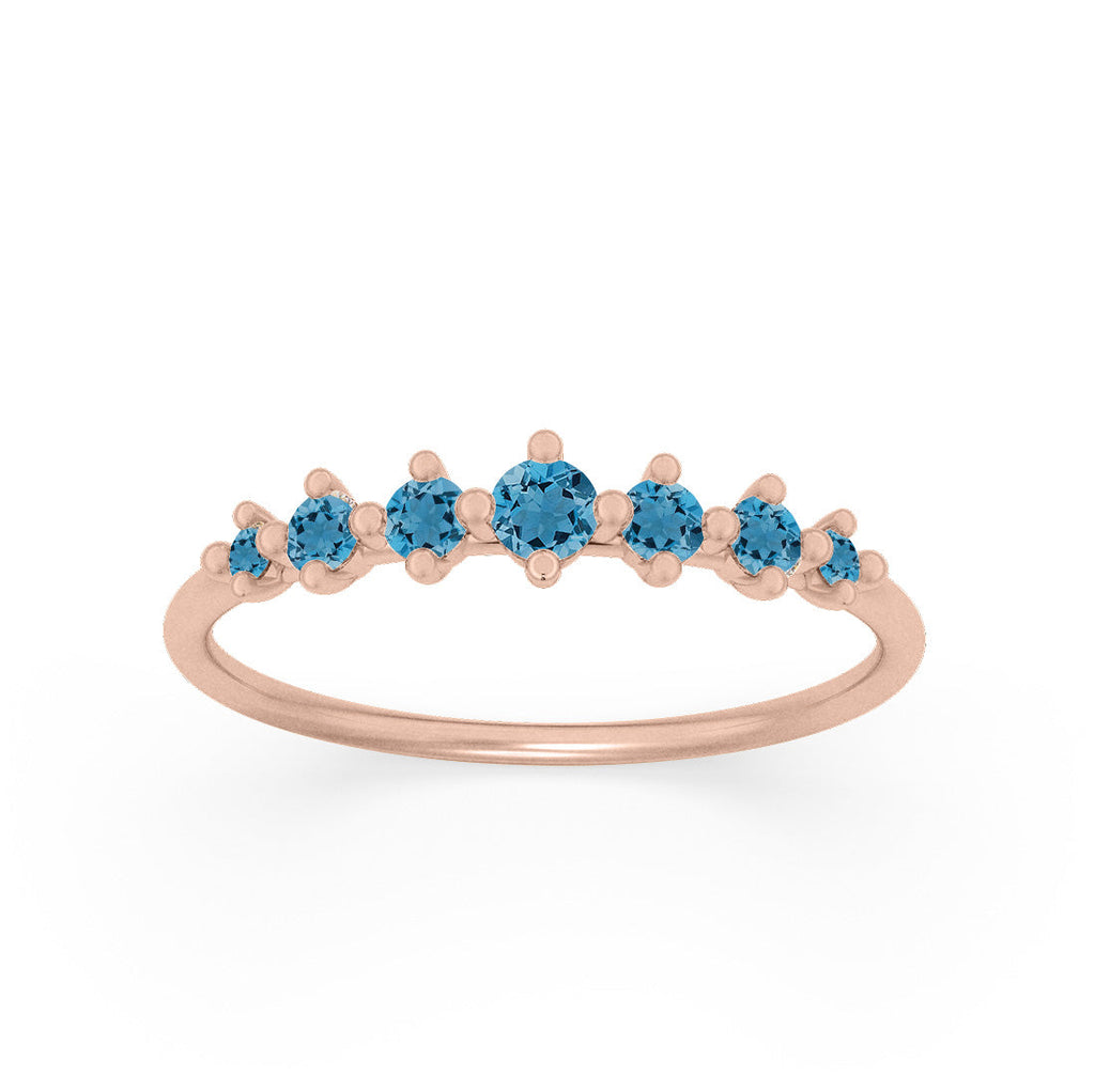 Dainty Tapered Blue Topaz Wedding Band, Gold Stacking Ring By Valley Rose Ethical Jewelry