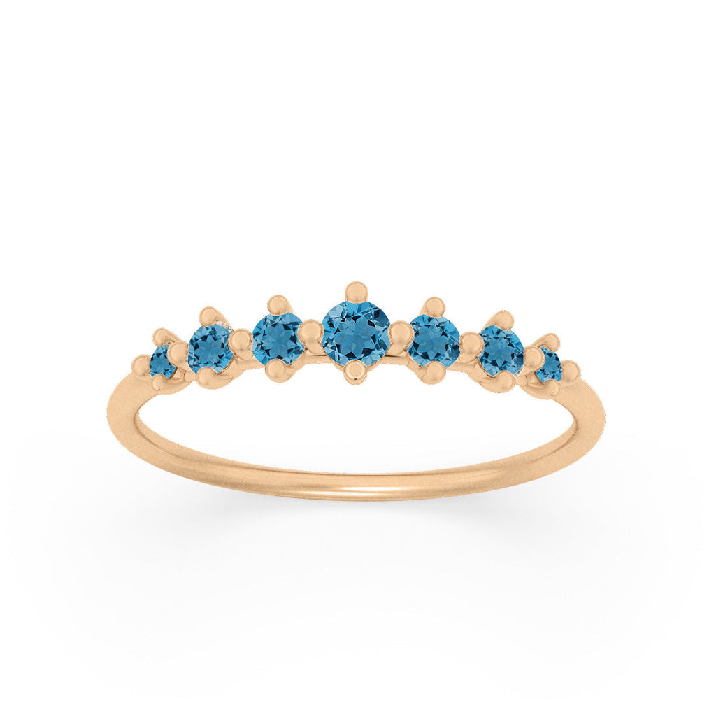 Dainty Tapered Blue Topaz Wedding Band, Gold Stacking Ring By Valley Rose Ethical Jewelry