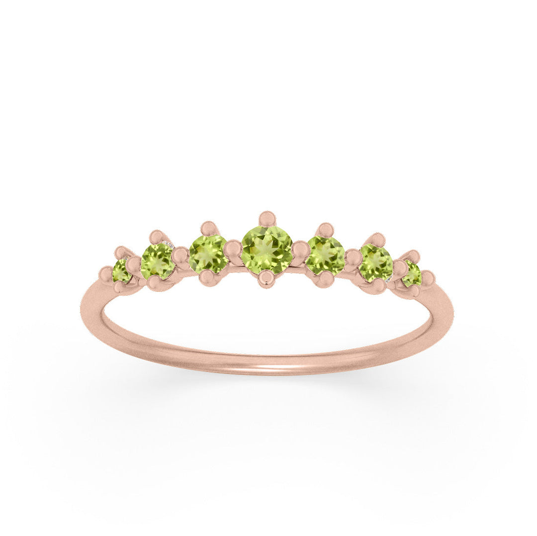 Dainty Tapered Peridot Wedding Band, Gold Stacking Ring By Valley Rose Ethical Jewelry