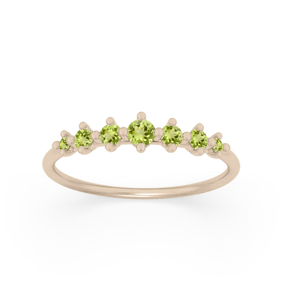 Dainty Tapered Peridot Wedding Band, Gold Stacking Ring By Valley Rose Ethical Jewelry