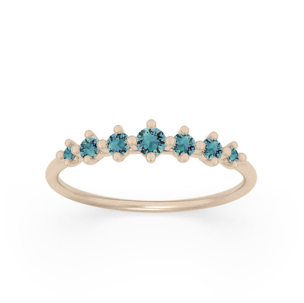 Dainty Tapered Teal Sapphire Wedding Band, Gold Stacking Ring By Valley Rose Ethical Jewelry