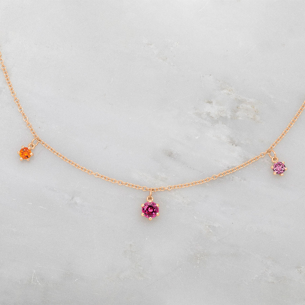  Gemstone Fringe Charm Gold Necklace with Orange Citrine, Pink Ruby, and Pink sapphire By Valley Rose Ethical Jewelry