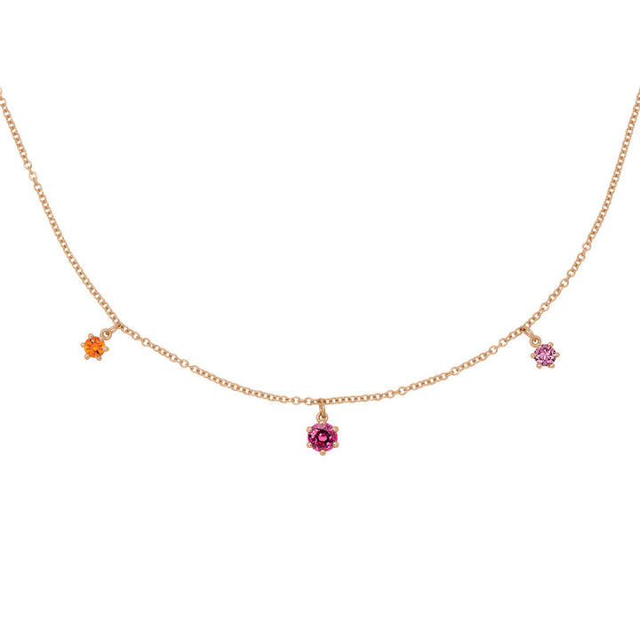  Gemstone Fringe Charm Gold Necklace with Orange Citrine, Pink Ruby, and Pink sapphire By Valley Rose Ethical Jewelry
