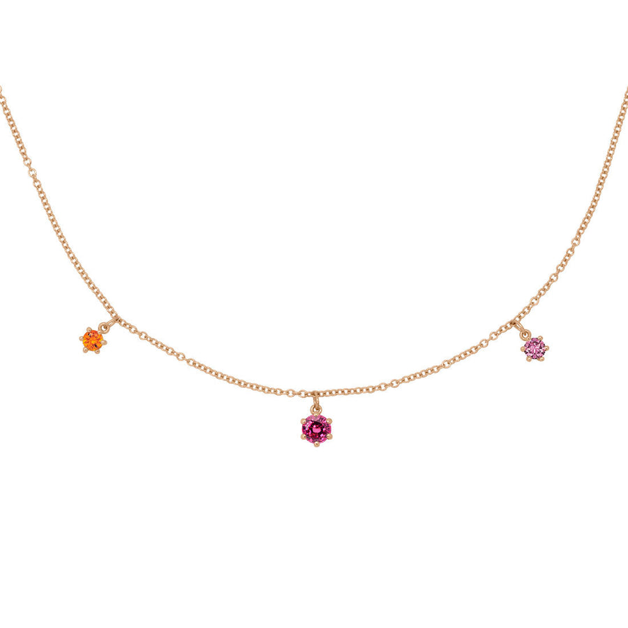  Gemstone Fringe Charm Gold Necklace with Orange Citrine, Pink Ruby, and Pink sapphire By Valley Rose Ethical Jewelry