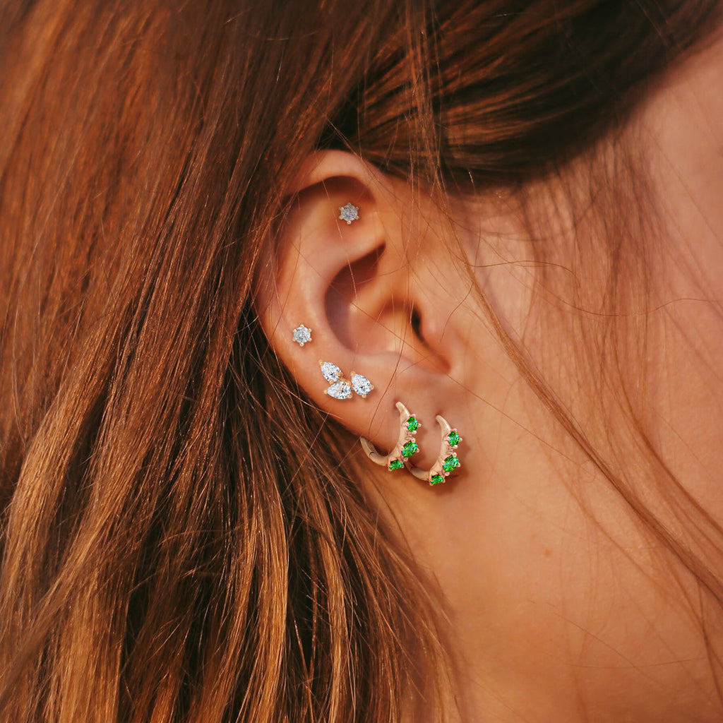 Green Tourmaline Clicker Hoops, Gold Huggie Earrings, Orion's Belt Constellation Single By Valley Rose Ethical Jewelry