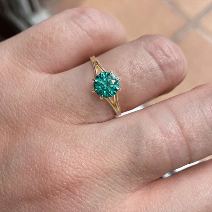 Mira Round Teal Sapphire Modern Unique Split Shank Engagement Ring By Valley Rose
