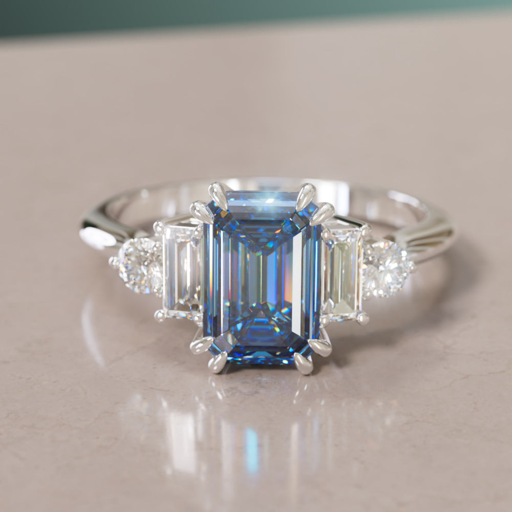 Modern Unique Engagement Ring Emerald Cut Blue Sapphire and Diamonds By Valley Rose