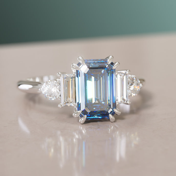 Modern Unique Engagement Ring Emerald Cut Blue Sapphire and Diamonds By Valley Rose